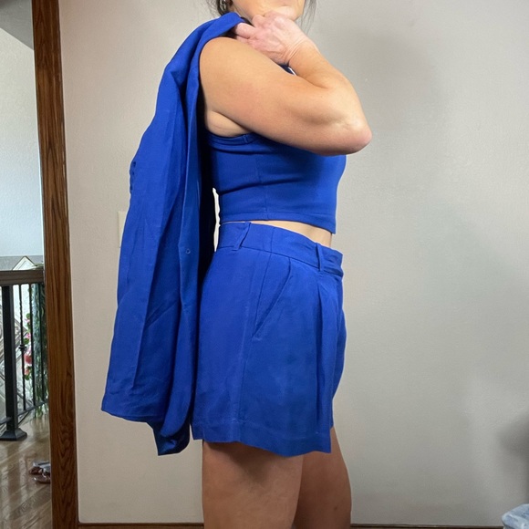 H&M Cobalt Blue 3 Piece Short Suit & Cropped Tank Small Linen Blend - Picture 4 of 16